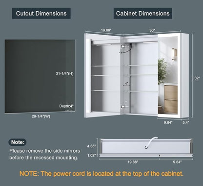 30x32 Inch Lighted Medicine Cabinet, AL Alloy Frame, Plug-in or Hardwired, Recessed or Wall Mount, Mirror Doors/3 Colors/Dimmable/Interior Sensor Light/Anti-Fog, 2 Outlets &USBs, 3 Shelves