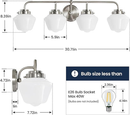 Bathroom Vanity Light Fixtures: 4-Lights Brushed Nickel Vintage Light Fixtures for Bathroom Above Mirror, Wall Lights Indoor with Frosted Milky Glass for Bath Bedroom