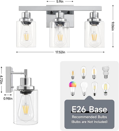 3 Light Bathroom Light Fixtures,17" Polished Chrome Vanity Lights | Modern Vanity Lights over Mirror with Clear Glassshades,Farmhouse Bathroom Wall Sconece over Sink,E26 Base