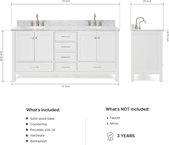 ARIEL Cambridge 72-inch Bathroom Vanity with Sink,Solid Wood, 0.75-inch Italian Carrara Marble Countertop & Backsplash, Double Oval Porcelain Sink, 4 Soft Closing Doors, 6 Dovetail Drawers, White