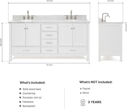 ARIEL Cambridge 72-inch Bathroom Vanity with Sink,Solid Wood, 0.75-inch Italian Carrara Marble Countertop & Backsplash, Double Oval Porcelain Sink, 4 Soft Closing Doors, 6 Dovetail Drawers, White