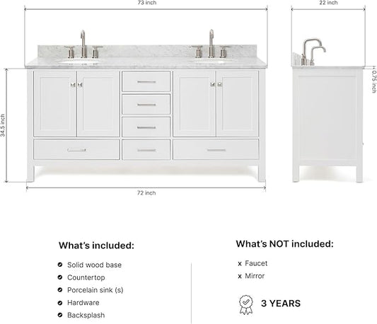 ARIEL Cambridge 72-inch Bathroom Vanity with Sink,Solid Wood, 0.75-inch Italian Carrara Marble Countertop & Backsplash, Double Oval Porcelain Sink, 4 Soft Closing Doors, 6 Dovetail Drawers, White