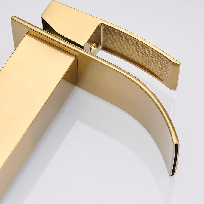 BWE Brushed Gold Bathroom Faucet Modern Waterfall Single Hole Faucet for Bathroom Sink Single Handle with Pop Up Drain with Overflow Assembly and Supply Line Lavatory Bath Faucet