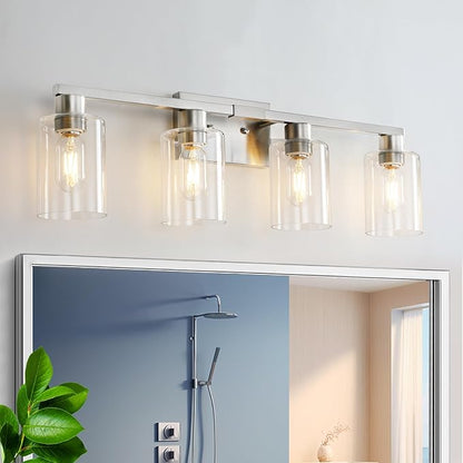 4 Light Bathroom Light Fixtures, Brushed Nickel Modern Bathroom Vanity Light with Clear Glass Shade, Bathroom Lighting Fixtures Over Mirror, Vanity Lights for Bathroom Mirror