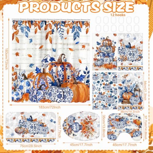 FuWeave 8 Pcs Fall Pumpkin Shower Curtain Set for Bathroom Decor Include Blue and White Chinoiserie Autumn Shower Curtain Harvest Floral Towels Non Slip Rugs Toilet Lid Cover Bath Mat and 12 Hooks