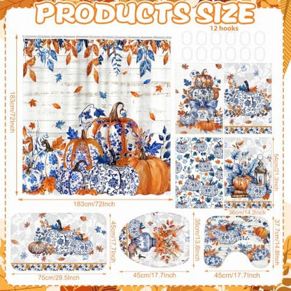 FuWeave 8 Pcs Fall Pumpkin Shower Curtain Set for Bathroom Decor Include Blue and White Chinoiserie Autumn Shower Curtain Harvest Floral Towels Non Slip Rugs Toilet Lid Cover Bath Mat and 12 Hooks
