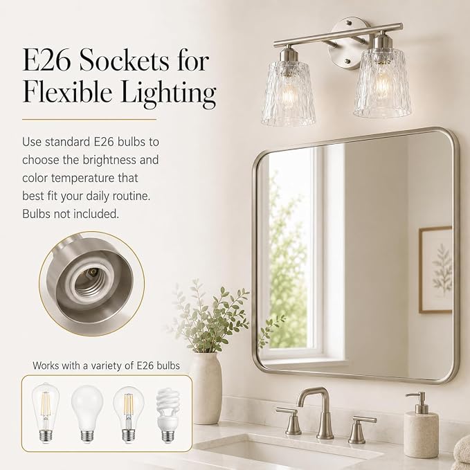Brushed Nickel Bathroom Light Fixture, 2-Light Modern Vanity Light Over Mirror with Textured Glass Shades, Stainless Steel Construction, E26 Sockets (Bulbs Not Included)