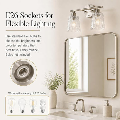 Brushed Nickel Bathroom Light Fixture, 2-Light Modern Vanity Light Over Mirror with Textured Glass Shades, Stainless Steel Construction, E26 Sockets (Bulbs Not Included)