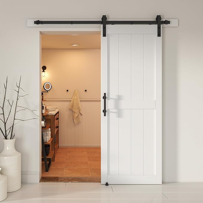 34''x84'' Sliding Barn Door with 6 Ft Barn Door Hardware Kit | Pre-Drilled Holes Easy Assembly - Include Installation Manual, Water-Proof PVC Surface, H-Frame, White
