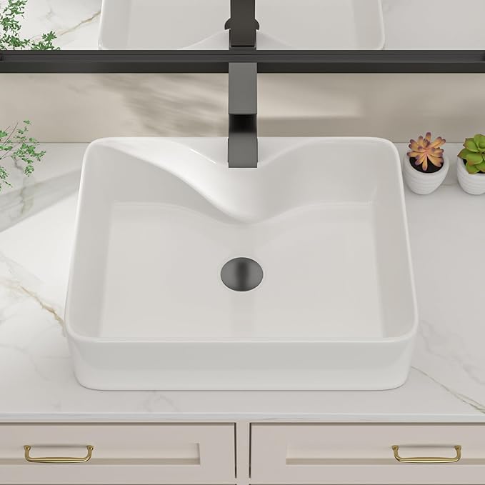 Dcolora 19 In. White Vessel Sink for Bathroom, Rectangular Above Counter Porcelain Ceramic Sink with Black Accessories, 15"D x 19"W x 5"H #DC-SFDOE00086