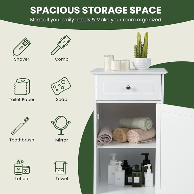 COSTWAY Bathroom Storage Cabinet, Wooden Freestanding Storage Organizer with Deep Drawers & Adjustable Shelf, Single Door Floor Cabinet for Living Room, Bathroom, Kitchen, Entryway, White