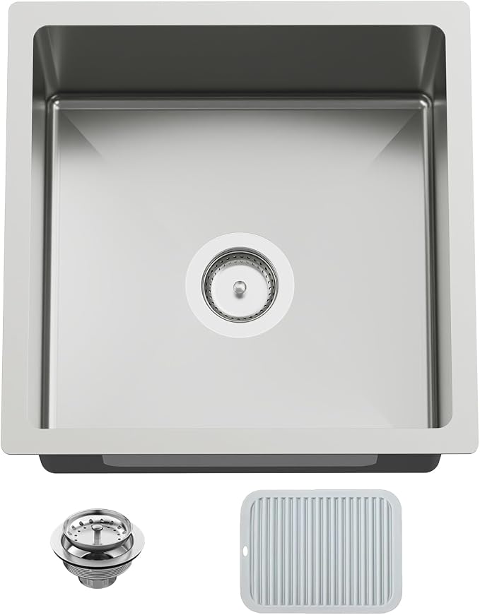 18x18 In Undermount Kitchen And Bar Sink- Stainless Steel Single Bowl Kitchen Sink Modern Drop In Bar Sink With Silicon Mat,Drain Strainer Set Compatibility With Various Kitchen & Bar Style