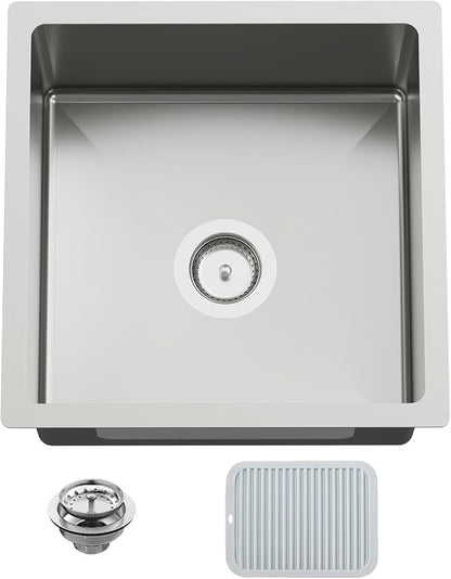 18x18 In Undermount Kitchen And Bar Sink- Stainless Steel Single Bowl Kitchen Sink Modern Drop In Bar Sink With Silicon Mat,Drain Strainer Set Compatibility With Various Kitchen & Bar Style