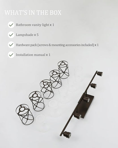 5-Light Oil Rubbed Bronze Bathroom Light Fixtures Over Mirror, 38" UL-Listed Modern Farmhouse Wall Sconce Lights with Clear Glass and Metal Cage for Bath, Hardwire E26, CH9176ORB-5W