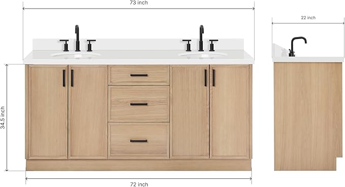 ARIEL Kelly 72-inch Bathroom Vanity with Sink,Solid Wood, 1.5-inch Pure White Quartz Countertop & Backsplash, Double Oval Porcelain Sink, 4 Soft Closing Doors, 5 Dovetail Drawers, White Oak