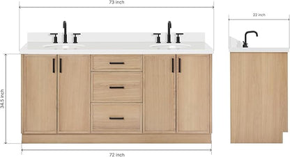 ARIEL Kelly 72-inch Bathroom Vanity with Sink,Solid Wood, 1.5-inch Pure White Quartz Countertop & Backsplash, Double Oval Porcelain Sink, 4 Soft Closing Doors, 5 Dovetail Drawers, White Oak