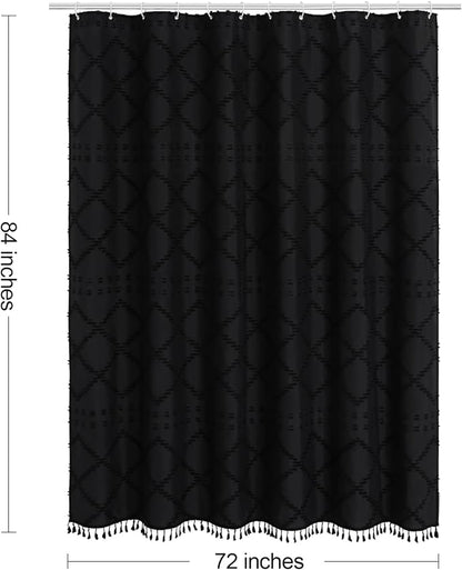 Black Boho Woven Fabric Shower Curtain with Tassel 72x84, Tufted Textured | Modern Farmhouse Curtain for Bathroom, Extra Long Bathroom Curtain, Minimalist Decor, Waterproof