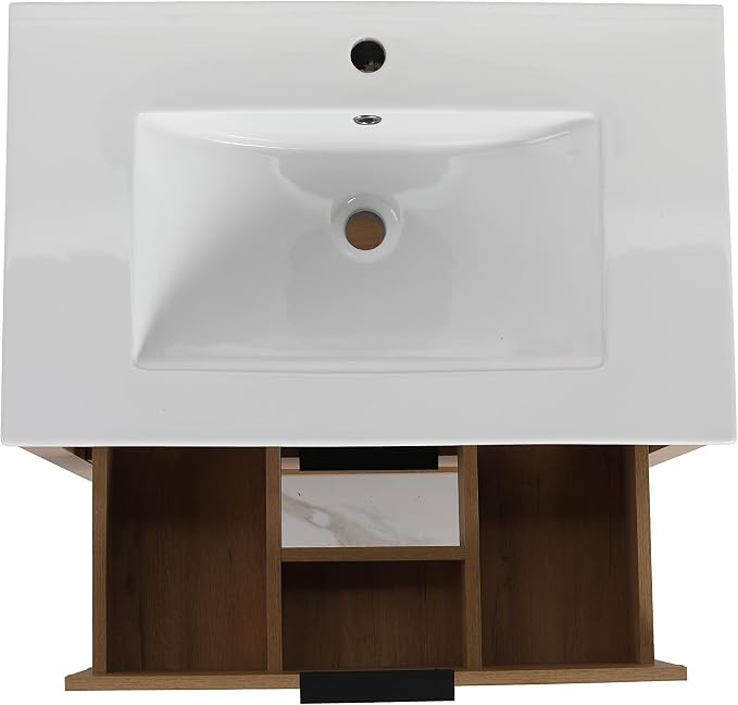 Free Standing Bathroom Vanity with Sink Modern 30" Bathroom Vanity with Top Basin&Storage Drawers Oak Wood Bath Vanity w/White Ceramic Sink for Small Bathroom Powder Room