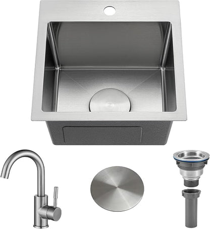 Bar Sink 15x15 Inch Drop in Bar Sinks with Faucet Combo Modern Stainless Steel Small Kitchen Sink Single Bowl RV Sink