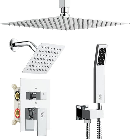 Shower Faucet Set Shower System - SR SUN RISE Polished Chrome Shower Trim Kit with Dual Shower Head, 12'' Ceiling Rainfall 6'' Wall Mount with Handheld Shower for Couples, Complete 6 Diverter Valve