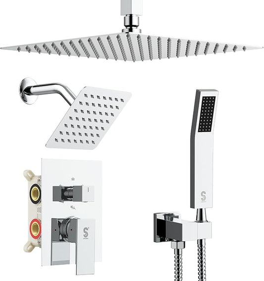 Shower Faucet Set Shower System - SR SUN RISE Polished Chrome Shower Trim Kit with Dual Shower Head, 12'' Ceiling Rainfall 6'' Wall Mount with Handheld Shower for Couples, Complete 6 Diverter Valve