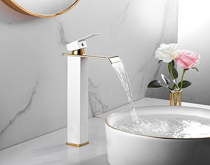 Bathroom Vessel Sink Faucet White Gold Waterfall Single Handle One Hole Bowl Sink Faucet Vanity Lavatory Faucets Tall Bath Deck Mount Basin Tap Supply Lines Hose Commercial