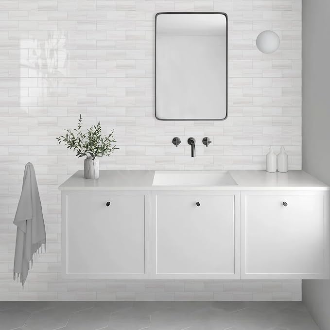 Vamos Tile 4-Piece Glossy Dolomite White Peel and Stick Backsplash Tile | 3''x6'' PVC Subway Tile with White Grout, Stick on Backsplash for Kitchen/Bathroom/Fireplace/Laundry/Camper