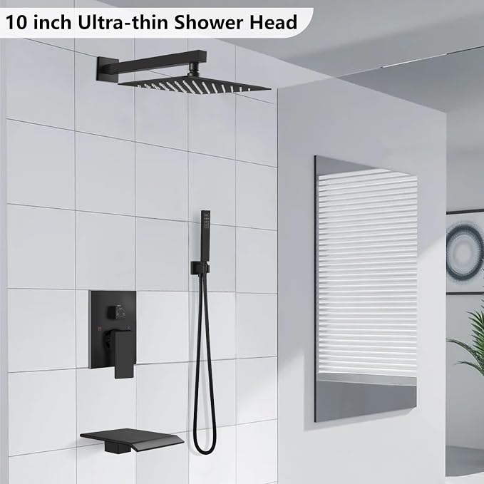 Midanya Rain Shower System with Tub Spout,10 Inch Matte Black | with Valve&Trim Kit,All Metal,Square Rainfall Head,Handheld Sprayer,Waterfall Spout,Wall Mount,Bathroom Shower Tub Faucet Set
