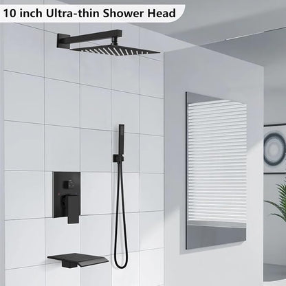 Midanya Rain Shower System with Tub Spout,10 Inch Matte Black | with Valve&Trim Kit,All Metal,Square Rainfall Head,Handheld Sprayer,Waterfall Spout,Wall Mount,Bathroom Shower Tub Faucet Set