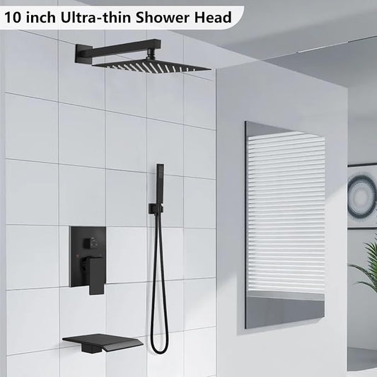 Midanya Rain Shower System with Tub Spout,10 Inch Matte Black | with Valve&Trim Kit,All Metal,Square Rainfall Head,Handheld Sprayer,Waterfall Spout,Wall Mount,Bathroom Shower Tub Faucet Set