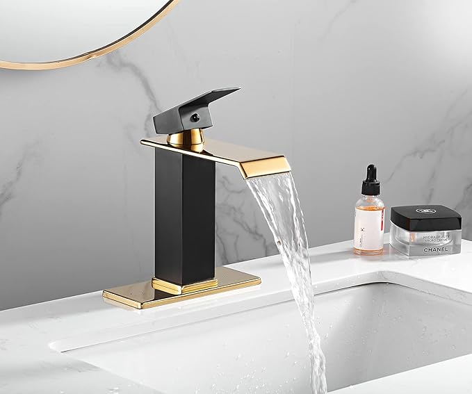 Black Bathroom Faucet Gold Waterfall One Handle 1-3 Hole Lavatory Vanity Sink Faucet with Water Supply Hose Deck Mount Commercial