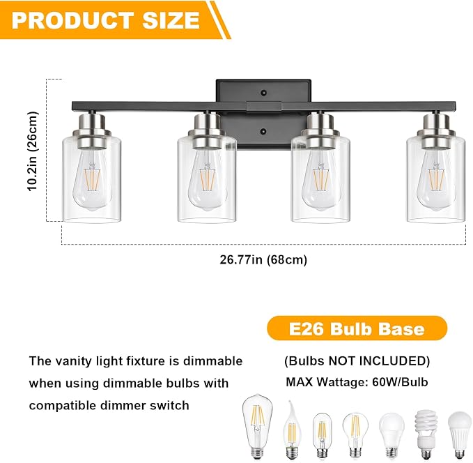 Unicozin Modern Bathroom Light Fixtures, 4 Light Vanity Lights Over Mirror, Black and Brushed Nickel Wall Lamp with Clear Glass for Living Room Cabinet Bedroom Porch