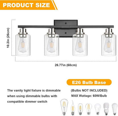 Unicozin Modern Bathroom Light Fixtures, 4 Light Vanity Lights Over Mirror, Black and Brushed Nickel Wall Lamp with Clear Glass for Living Room Cabinet Bedroom Porch