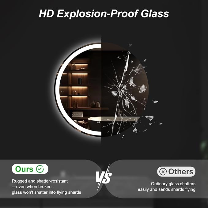 NEWBULIG 24'' Round LED Bathroom Mirror with Lights, Circle Vanity Mirror | Anti-Fog, Dimmable, 3-Color Light, Front Light and Backlit, Memory Function, Tempered Glass