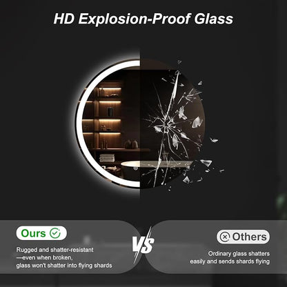DUMOS 24 Inch Round LED Bathroom Mirror with Lights, Circle Vanity Mirror | Anti-Fog, Dimmable, 3-Color Light, Front Light and Backlit, Memory Function, Tempered Glass