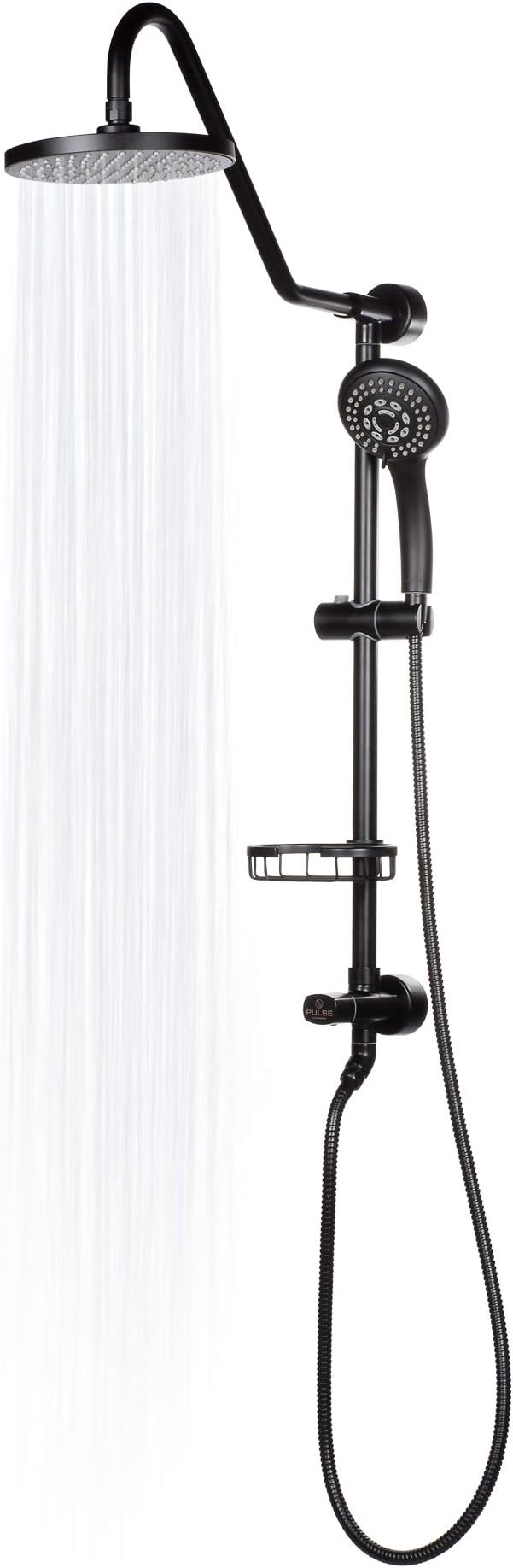 PULSE ShowerSpas Kauai III Matte Black Rain Shower Head with Handheld Spray - 1.8 GPM, 8" Showerhead, 5-Function HandShower, Adjustable Slide Bar - Shower Heads with Handheld Spray Combo