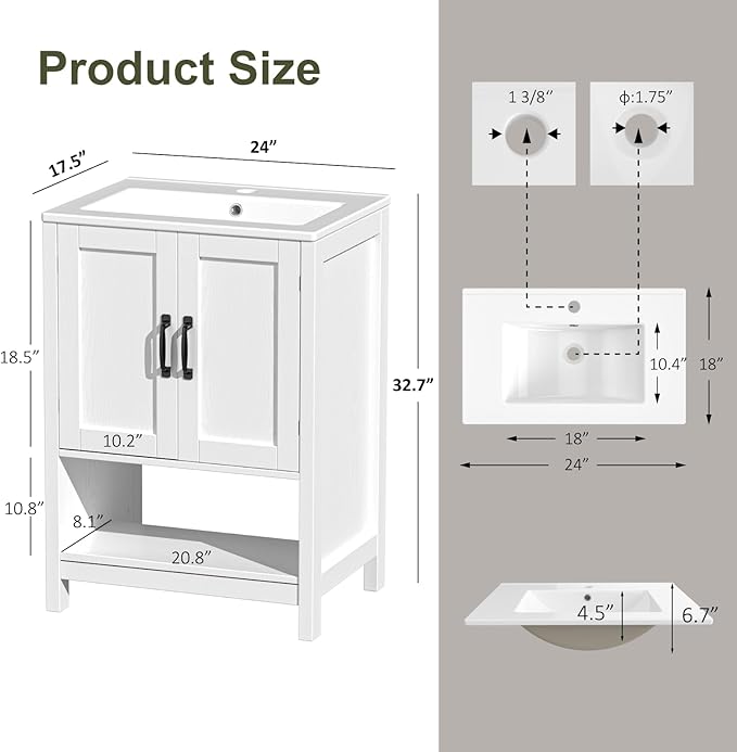 24 Inch Bathroom Vanity with Sink, Modern Bathroom Cabinet with LED Light, Bathroom Vanity Set, Double Soft Closing Cabinet Door with Organizer, White