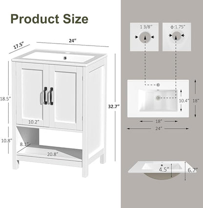 24 Inch Bathroom Vanity with Sink, Modern Bathroom Cabinet with LED Light, Bathroom Vanity Set, Double Soft Closing Cabinet Door with Organizer, White