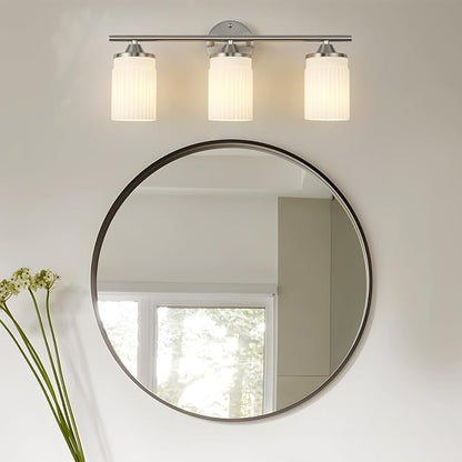 Jonsi Nickel Bathroom Light Fixtures 3-Light Vanity Lights Modern Wall Sconce with Milk White Shade Brushed Nickel Bathroom Light Fixture Over Mirror for Bedroom Hallway Kitchen