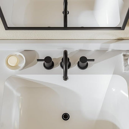 Phiestina 8 Inch 3-Hole Matte Black Widespread Bathroom Sink Faucet with Valve and Metal Pop-Up Drain Assembly, 2-Handle Low-Arch Bathroom Faucets Three Hole, WF15-1-MB