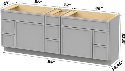 HomeBeyond 84 Inches Bathroom Vanity Base Cabinet Without Sink, Double Sink Top with Door & Soft Closing Drawers, Sturdy Floor Mounted Cabinet 2-Door 7-Drawer, Grey