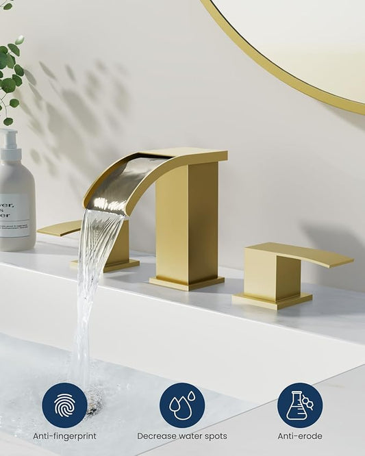 gotonovo Waterfall 8 inch Widespread Bathroom Faucet Set Bathroom Sink Faucet 3 Hole 2 Handle Vanity Lavatory Deck Mount with Pop Up Drain and Water Supply Lines Square Body Brushed Gold