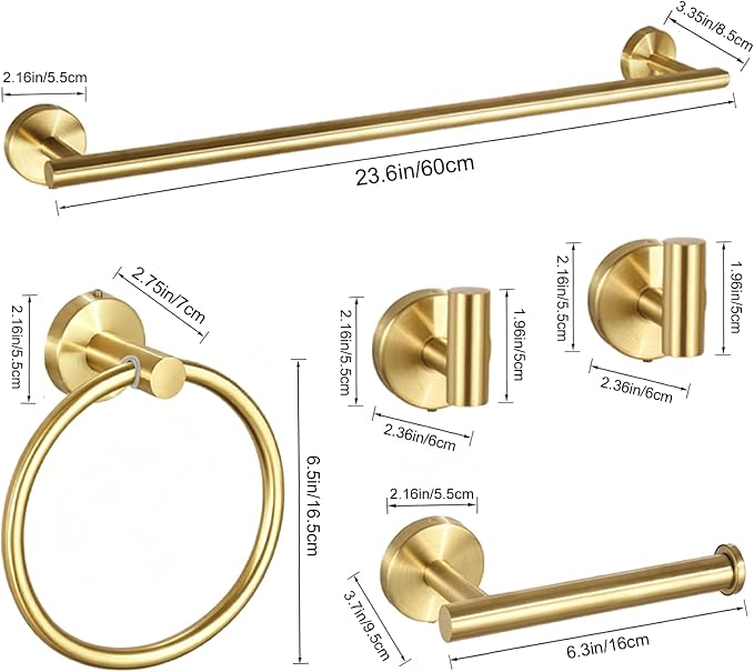 5 Pieces Brushed Gold Bathroom Accessories Set Bath Towel Bar Set | 24 Inch Towel Racks, 304 Stainless Steel, Modern Design, Sturdy and Rustproof, Easy to Install, Save Space, No Sharp Edges
