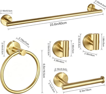 5 Pieces Brushed Gold Bathroom Accessories Set Bath Towel Bar Set | 24 Inch Towel Racks, 304 Stainless Steel, Modern Design, Sturdy and Rustproof, Easy to Install, Save Space, No Sharp Edges
