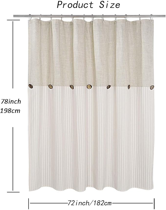 DOSLY Ides Farmhouse Shower Curtain, Beige and Beige Stripe, Button Curtain, Linen and Cotton Blend Fabric, Rustic Charm Country Chic Style, 72x78 in