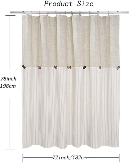 DOSLY Ides Farmhouse Shower Curtain, Beige and Beige Stripe, Button Curtain, Linen and Cotton Blend Fabric, Rustic Charm Country Chic Style, 72x78 in