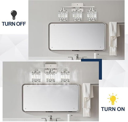 Crystal Modern Bathroom Light Fixtures, 3-Light Brushed Nickel Bathroom Vanity Wall Light, Vanity Lights for Mirror, Restroom, Bedroom (E26 Socket, Bulbs Not Included)