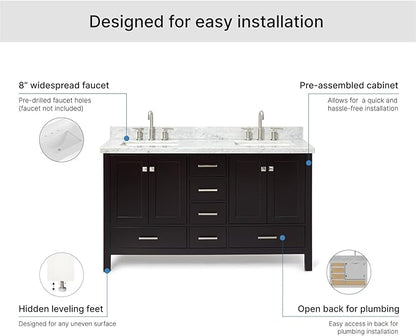 ARIEL Cambridge 60-inch Bathroom Vanity with Sink,Solid Wood, 1.5-inch Italian Carrara Marble Countertop, Double Rectangular Porcelain Sink, 4 Soft Closing Doors, 6 Dovetail Drawers, Espresso