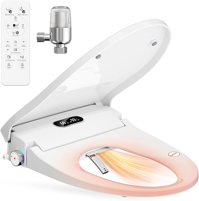 Rainsworth Smart Bidet Seat with Remote Control for Elongated Toilets | Dual User Memory, External Filter, Instant Heated Seat, Auto-Dry, Adjustable Setting, Stainless Nozzles, Intuitive Control