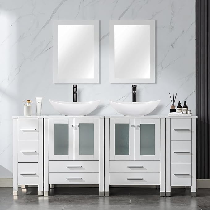 LUCKWIND 72" Double 24-in Bathroom Vanity with Sink Combo, Elegant Series with Two 12.6-in Side Cabinets, Painted Frame, Including White Boat Sinks, Faucets Without Mirrors, White
